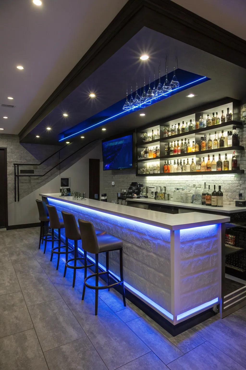 Lumina ribbons bring a polished feel to your basement bar.
