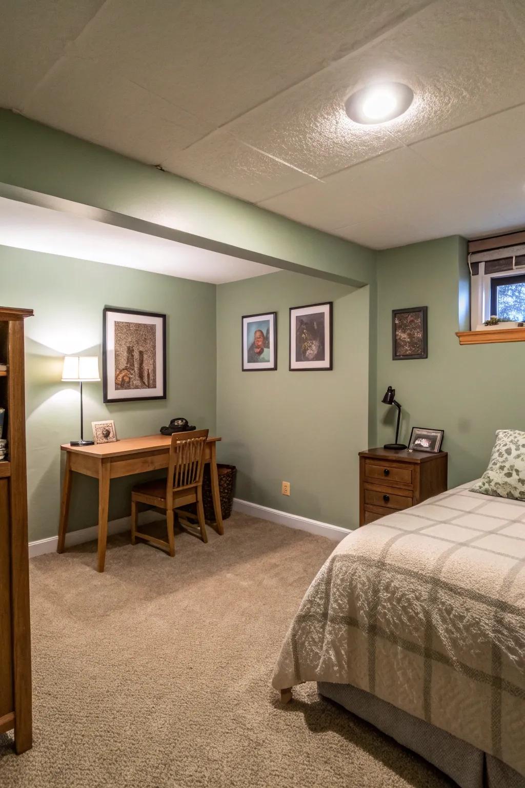 A new layer of paint in a delicate sage hue breathes life into this economical basement bedroom.