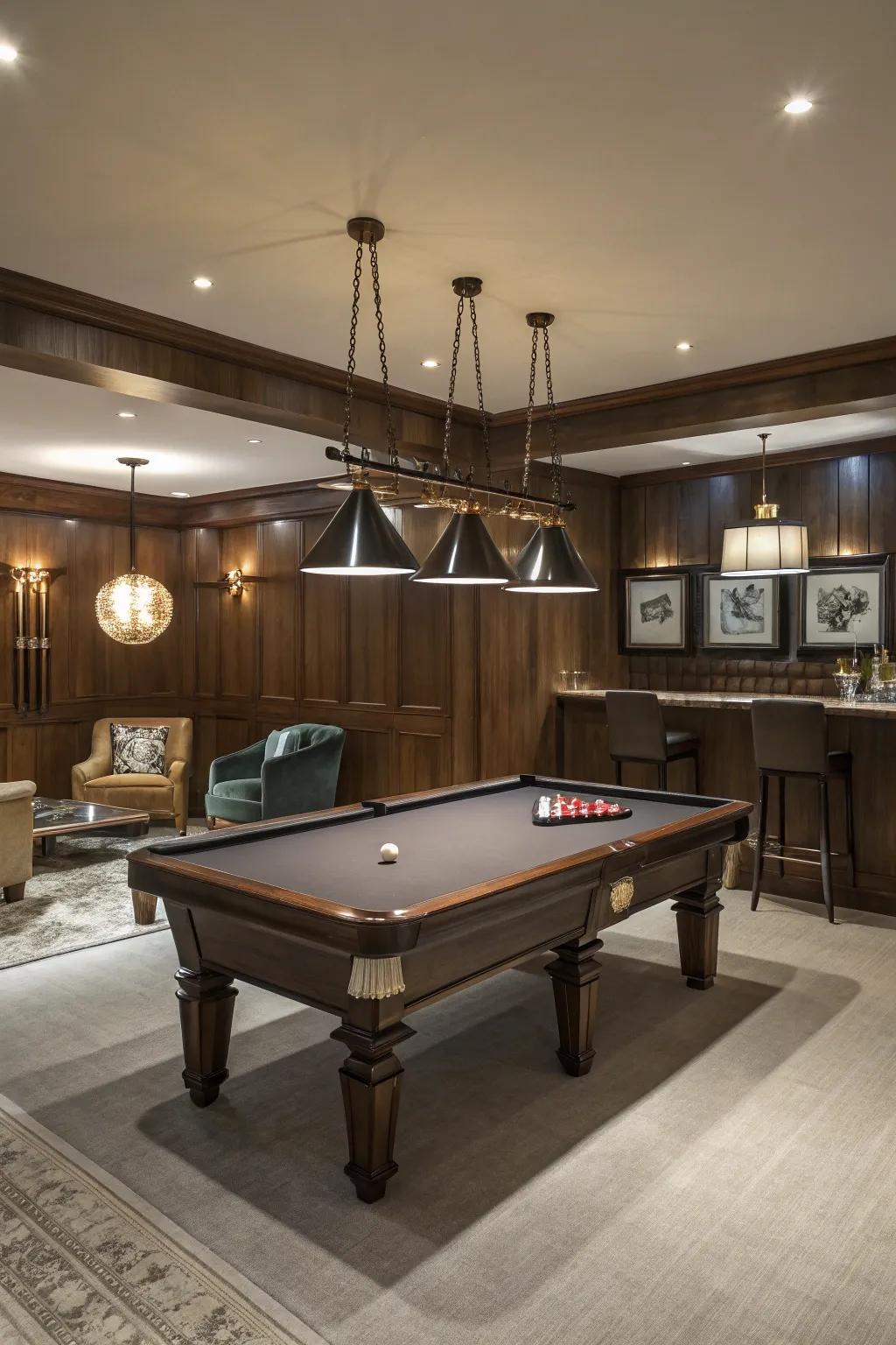 A billiards table brings an everlasting charm to your recreation room.