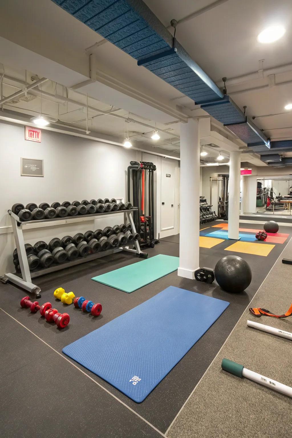 Establish distinct areas for various workout routines within your basement gym.