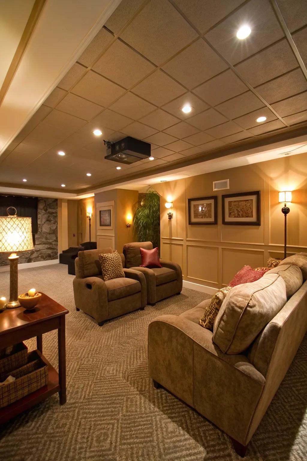 Ambient lighting bathes your basement in a comforting glow.