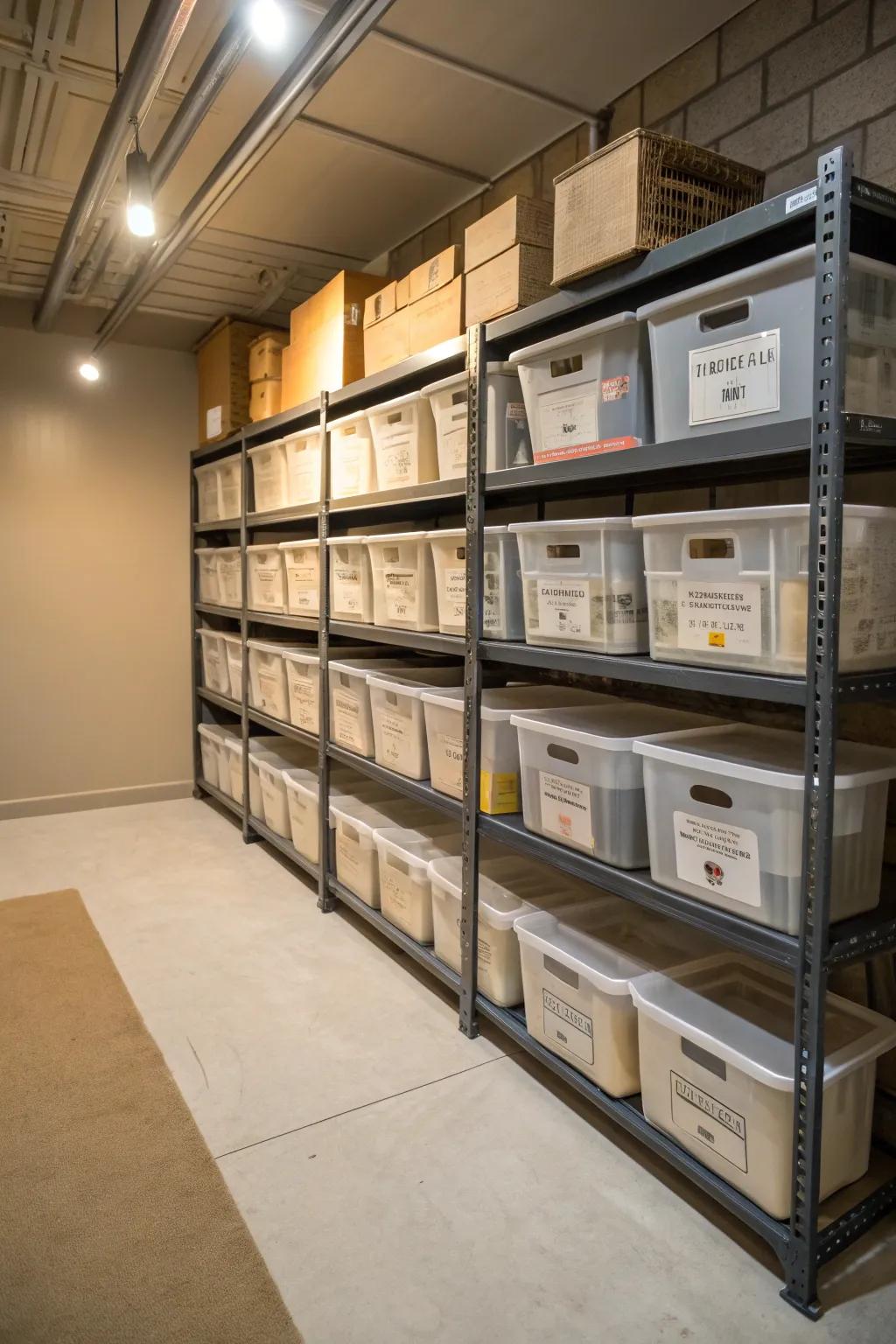 Lofty shelf fixtures fully utilize vertical storage opportunities within the basement.