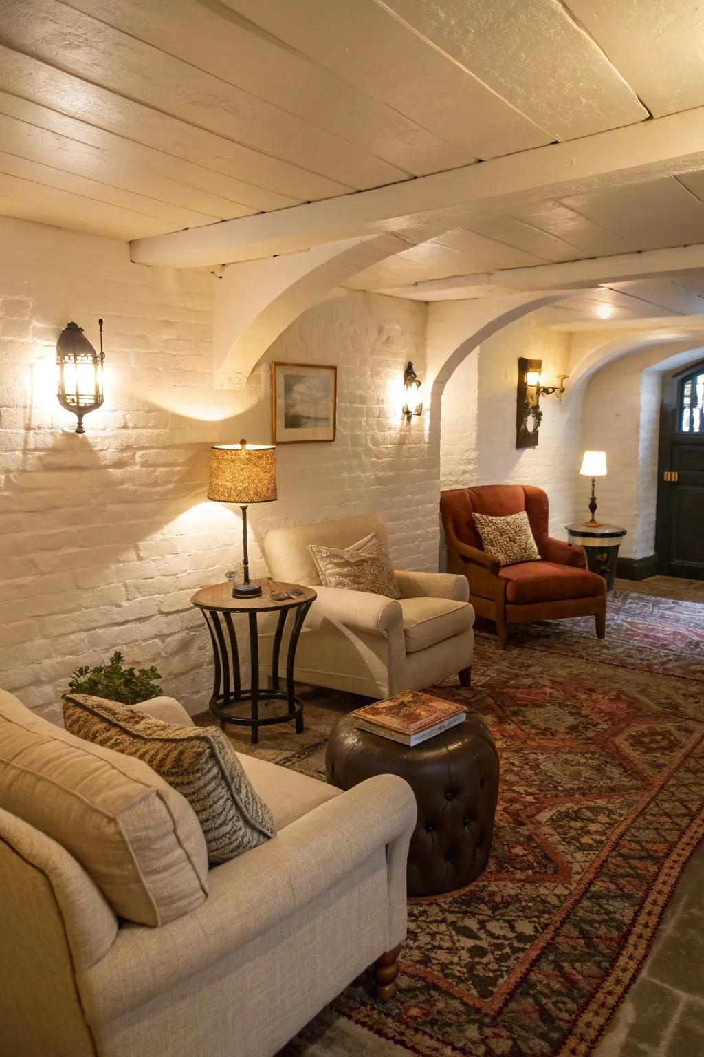 Gentle white walls create an inviting ambiance in this basement.