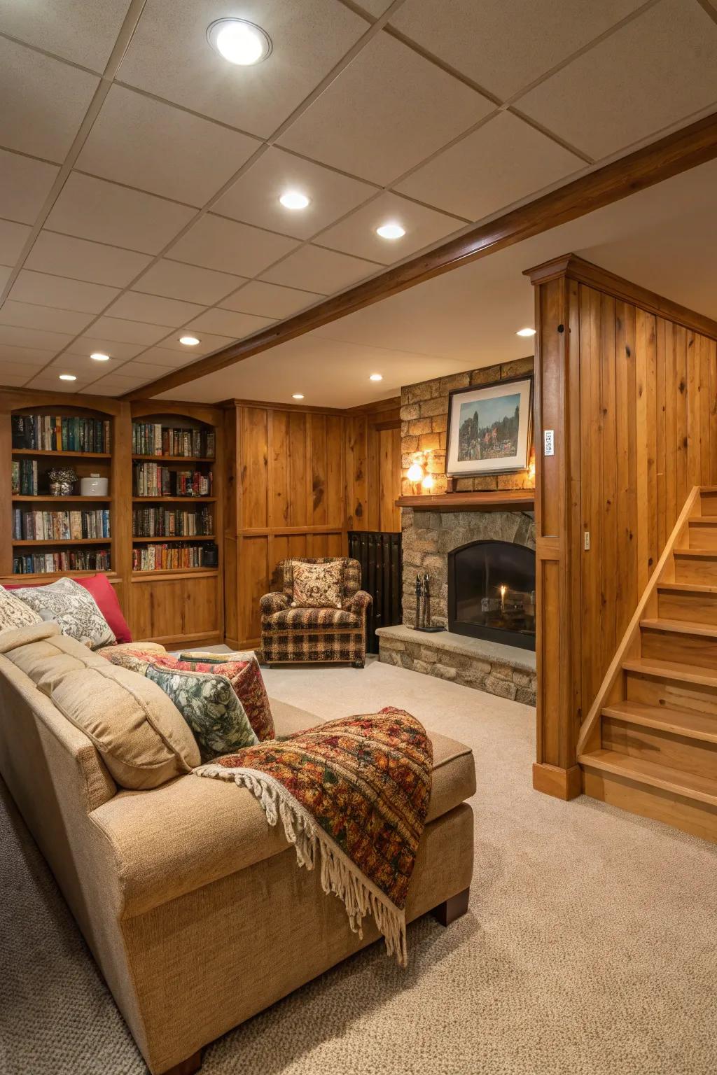Natural wood paneling creates a cozy and inviting atmosphere in any basement.