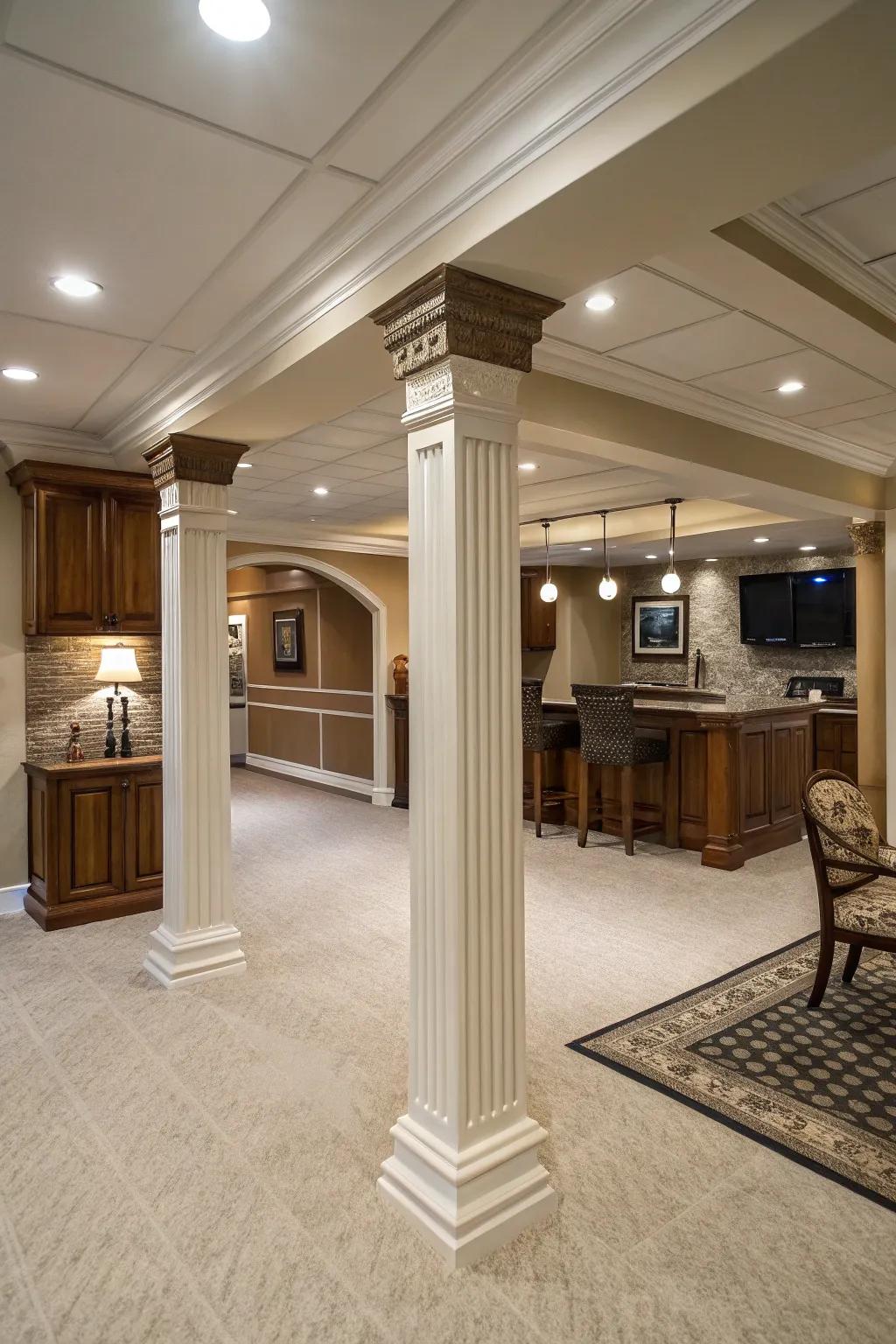 Elegant decorative columns instead of plain basement poles.