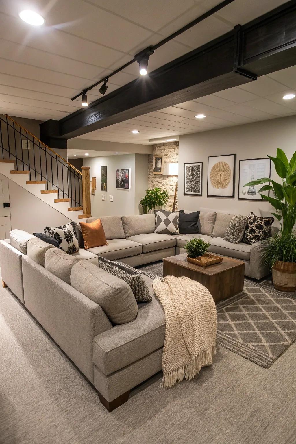 An open-concept basement presented as a roomy lounge area.