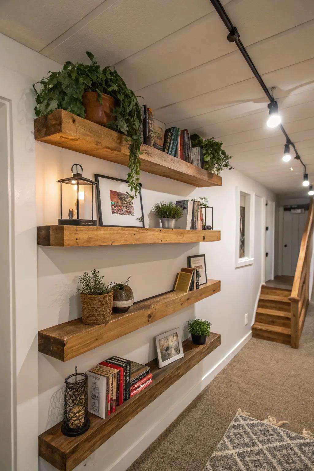 Floating shelves bring a modern flair and keep items tidy.