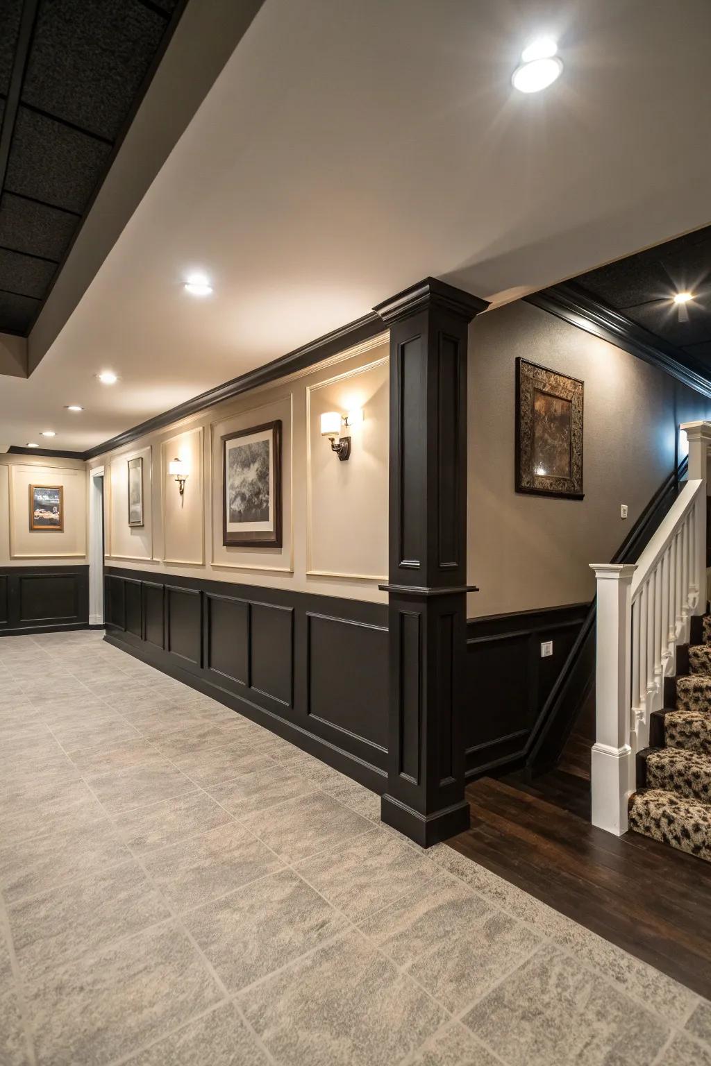 Dark baseboards set against light walls produce a captivating visual.
