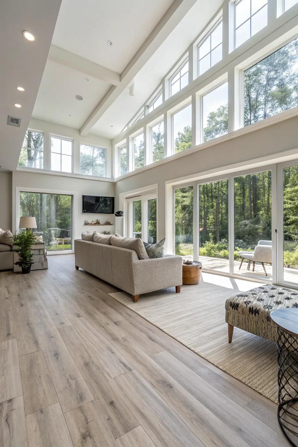 Bright wood-style vinyl flooring expands your basement area.