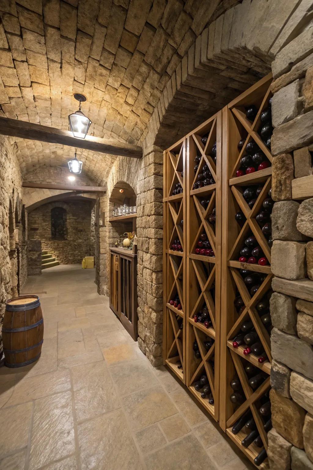 Stone walls add a countryside vibe to your basement wine cellar.