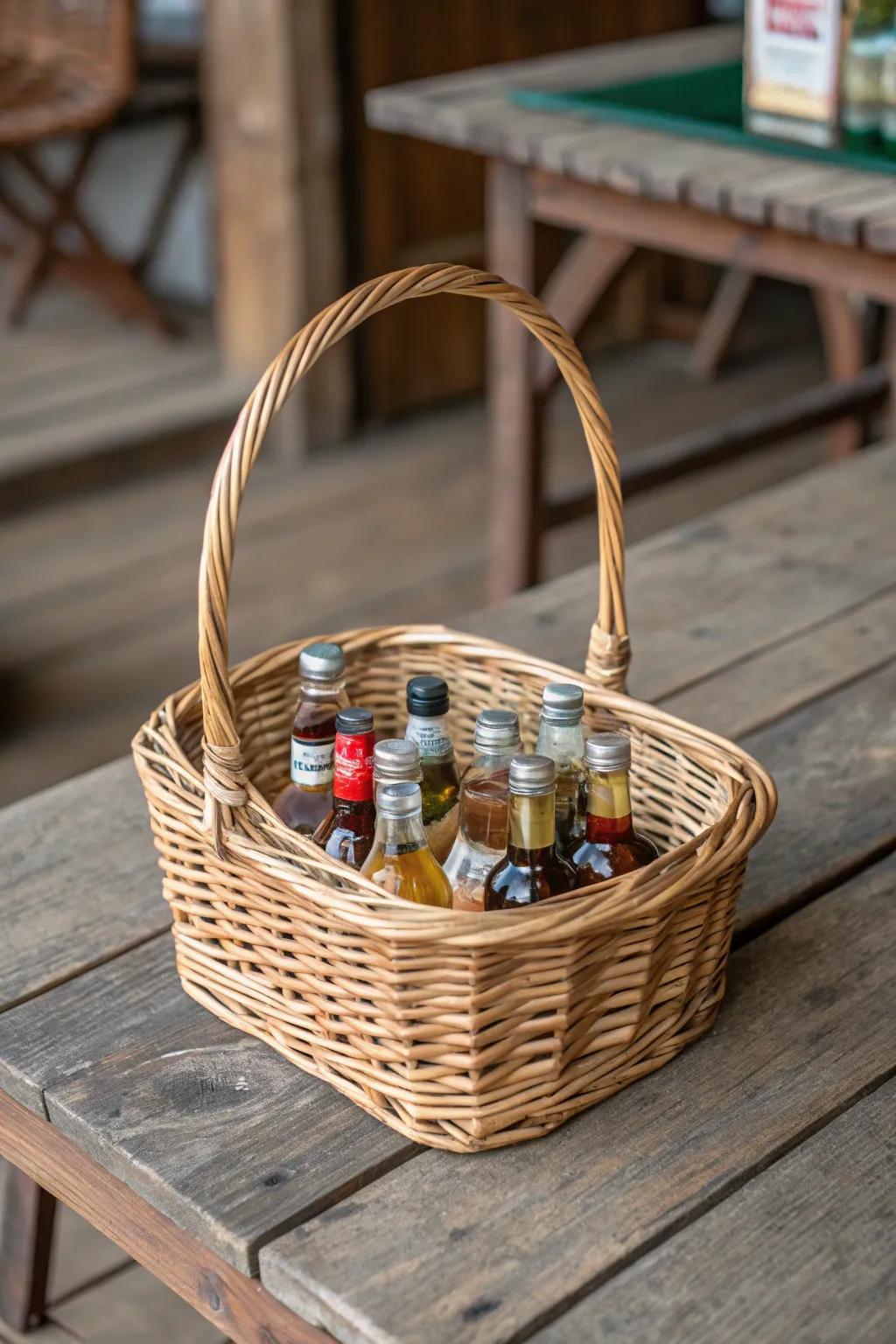 A delightful woven basket displaying an assortment of tiny spirit bottles.