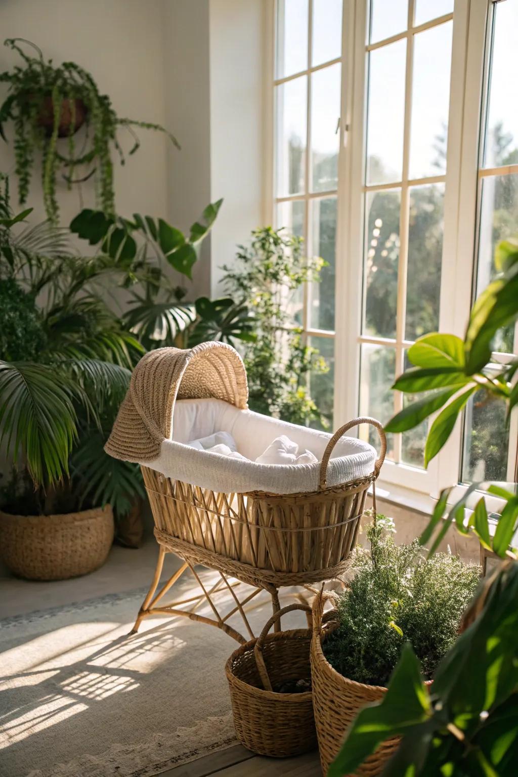 A charming wicker bassinet introduces an element of the outdoors.