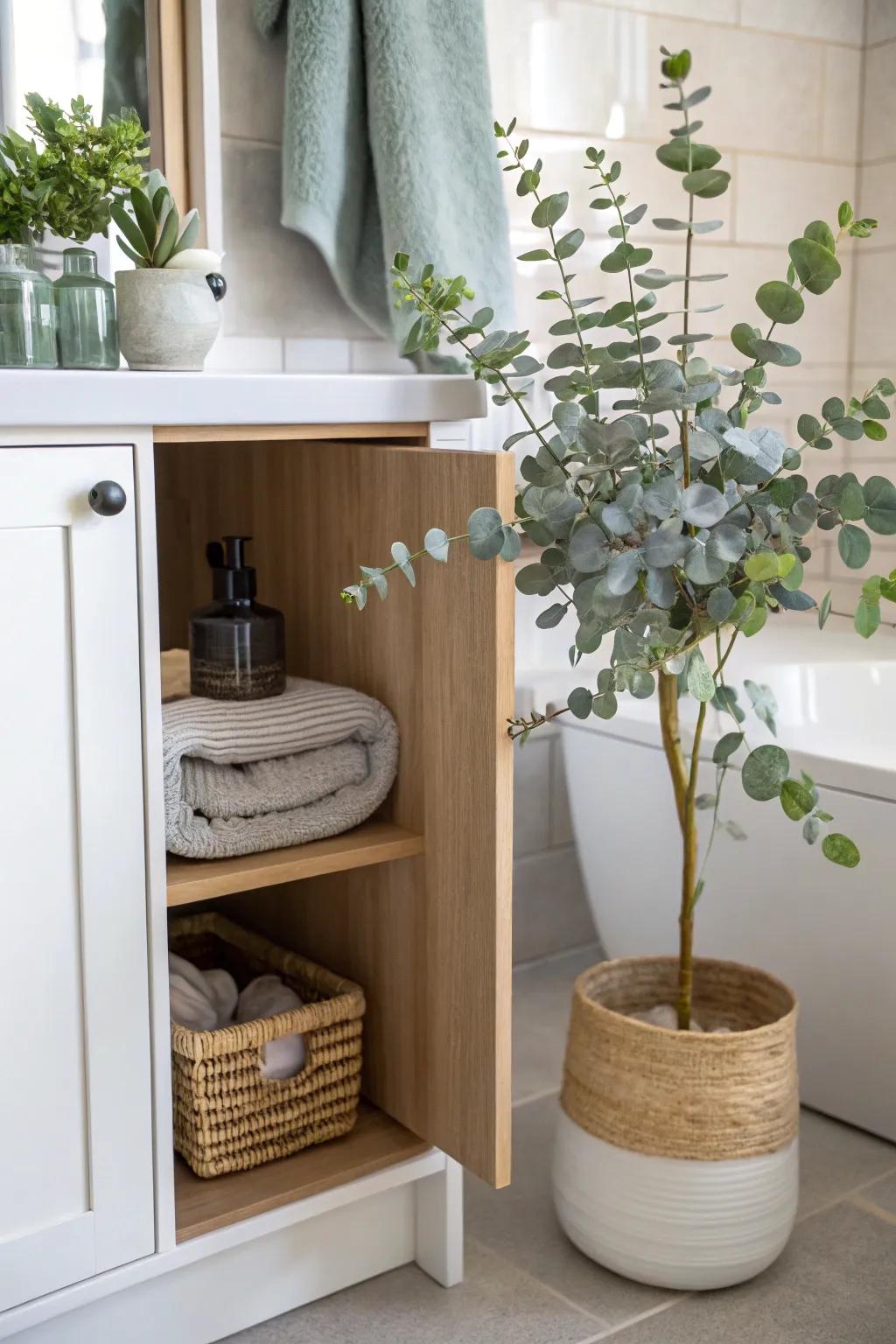 A hint of greenery enlivens your bathroom cabinet.