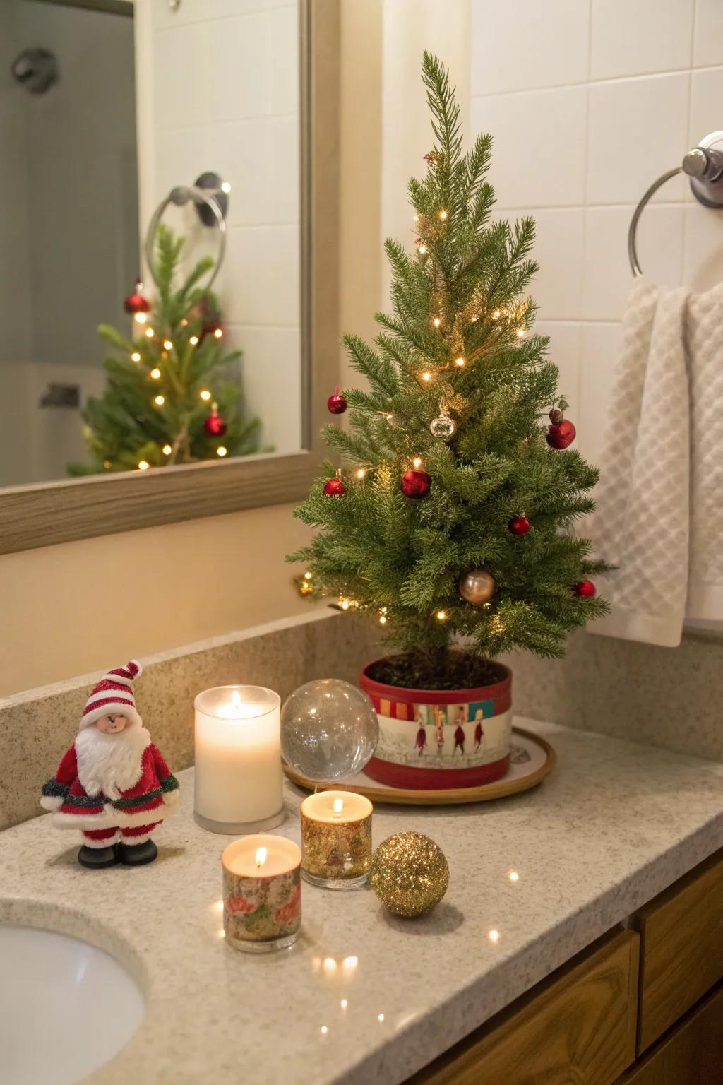 A charming miniature Christmas tree brings celebratory delight to this bathroom nook.