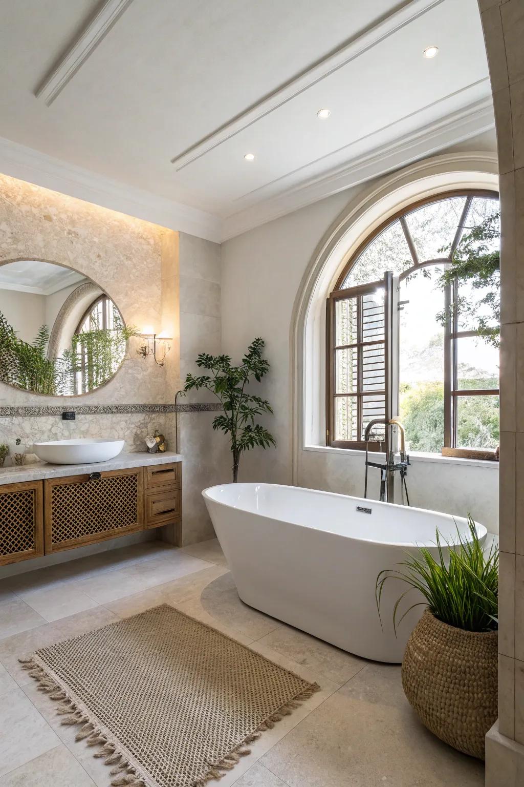 An elegant bathroom showcasing a standalone soaking tub as its defining feature, embodying both lavishness and peace.
