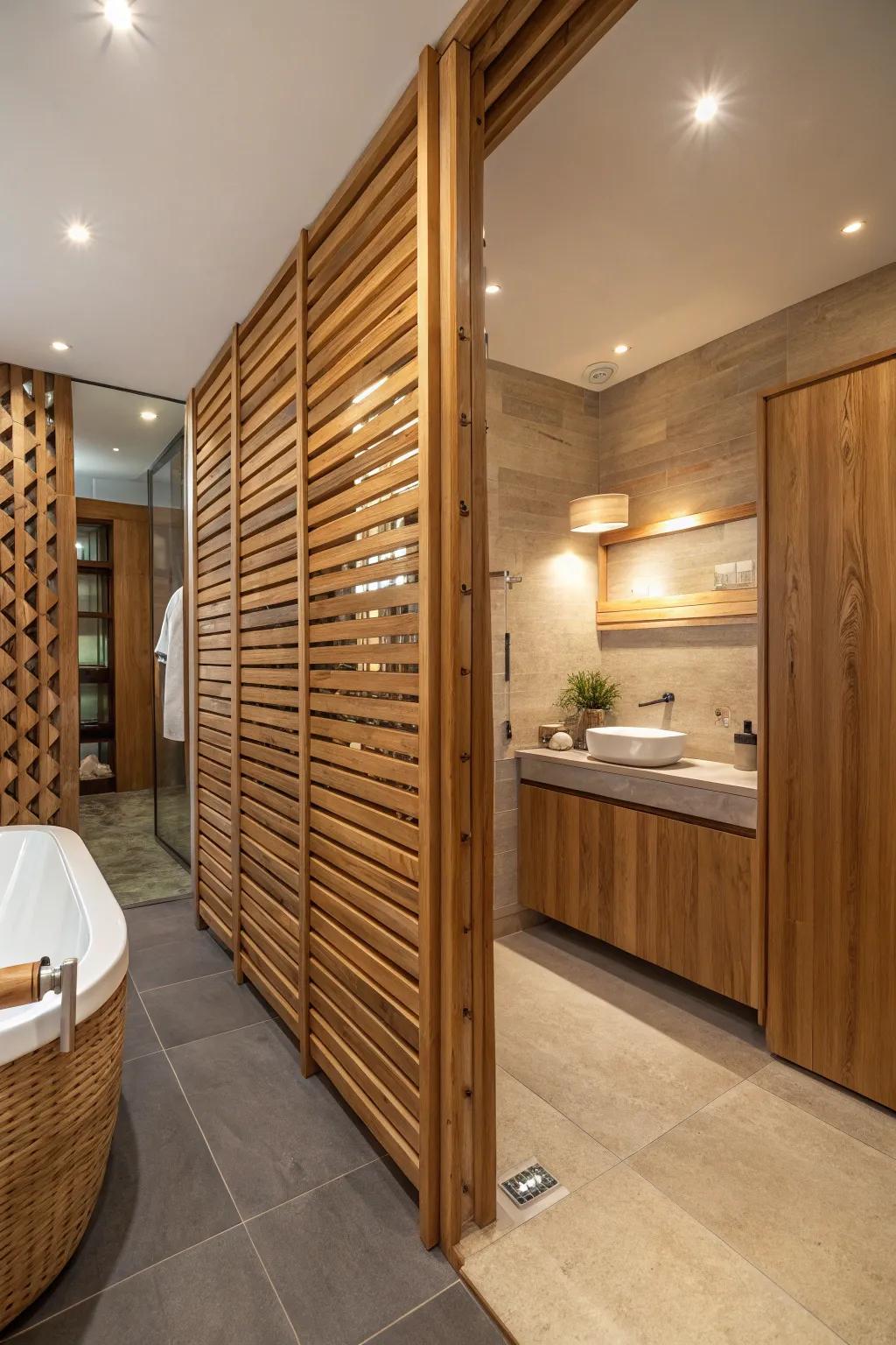 Inviting wooden slats bring a natural element to bathroom designs.