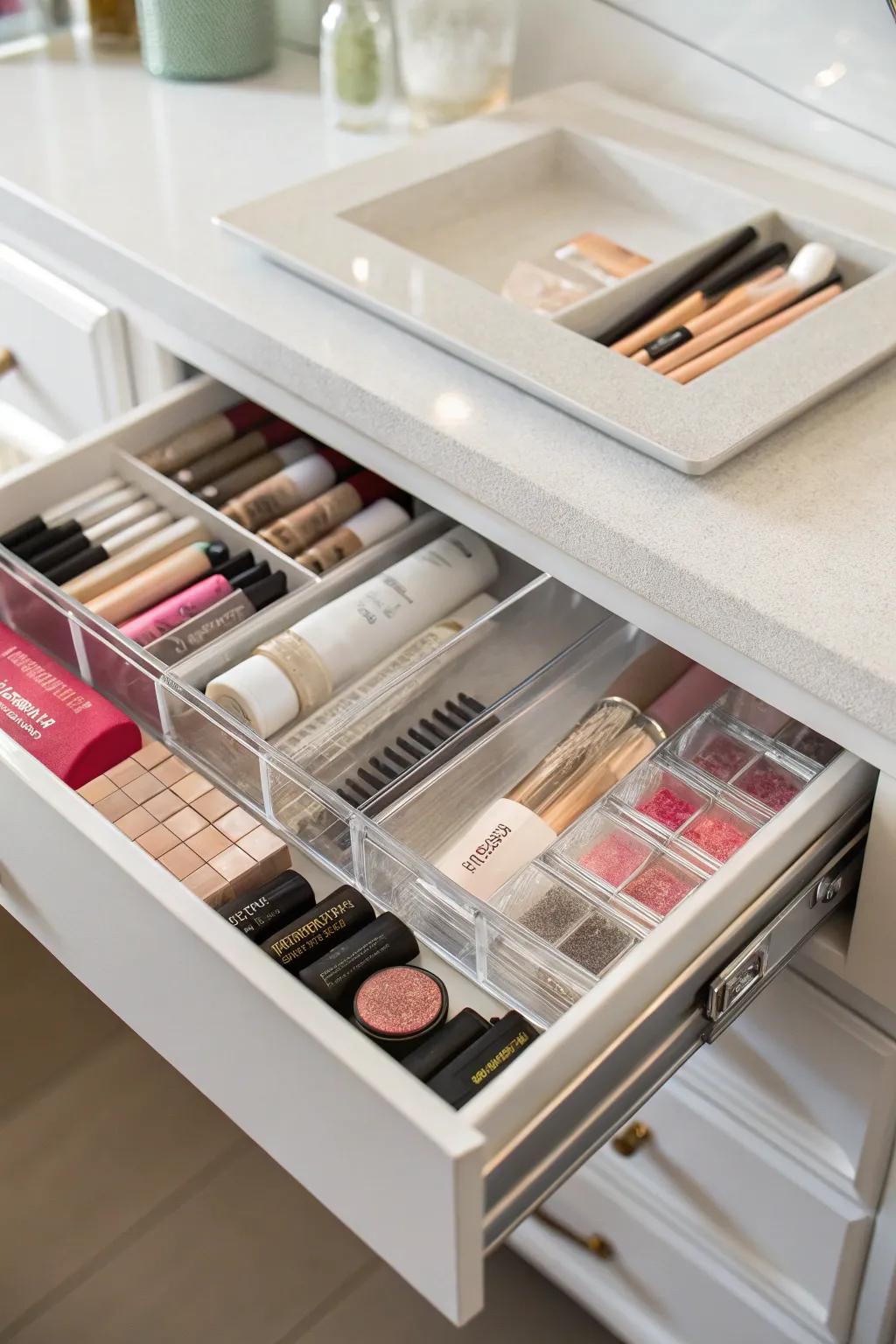 Clear dividers offer a complete view of your bathroom must-haves.