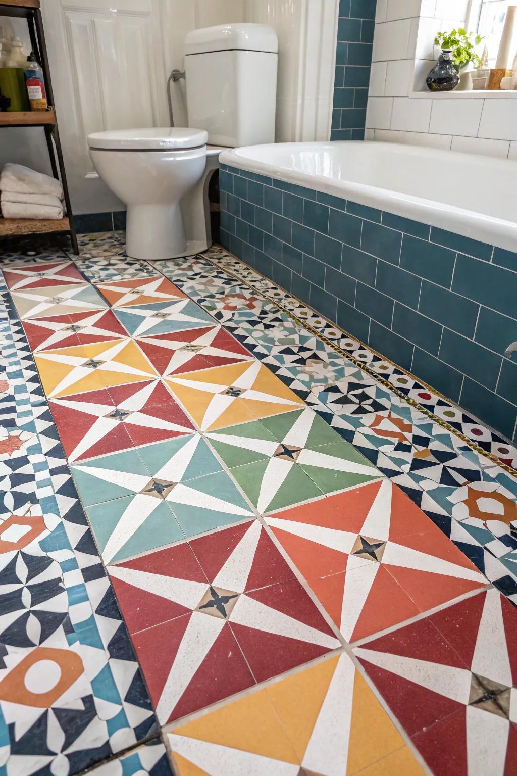 Geometric tiles bring a modern touch to bathroom floors.