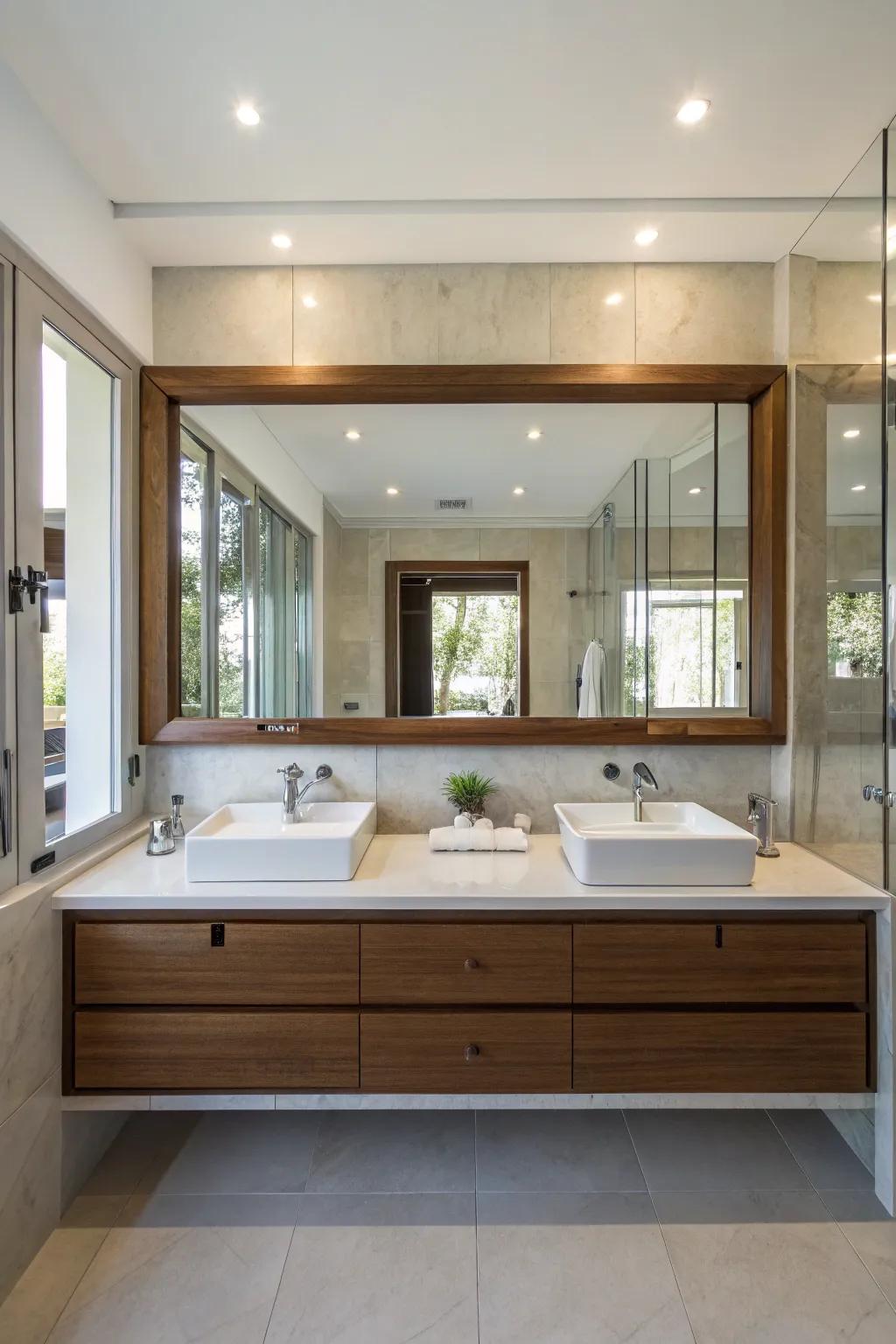 A generously sized mirror positioned above a double vanity establishes a cohesive and airy ambiance.