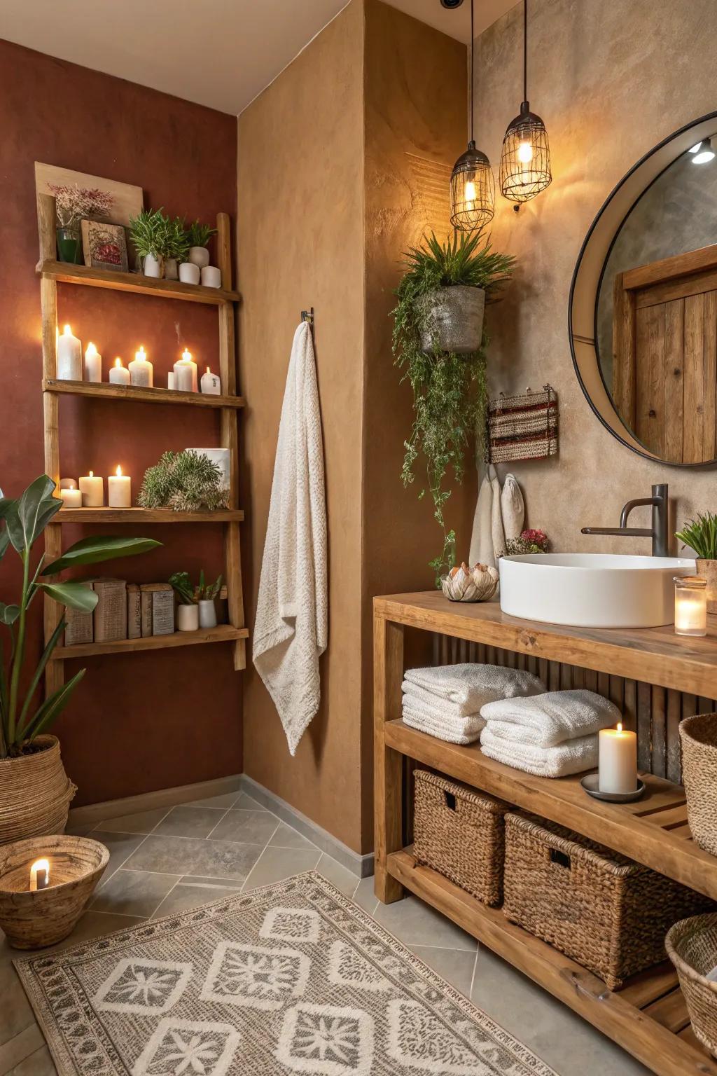 A rustic bathroom featuring cozy colors and natural timber accents.