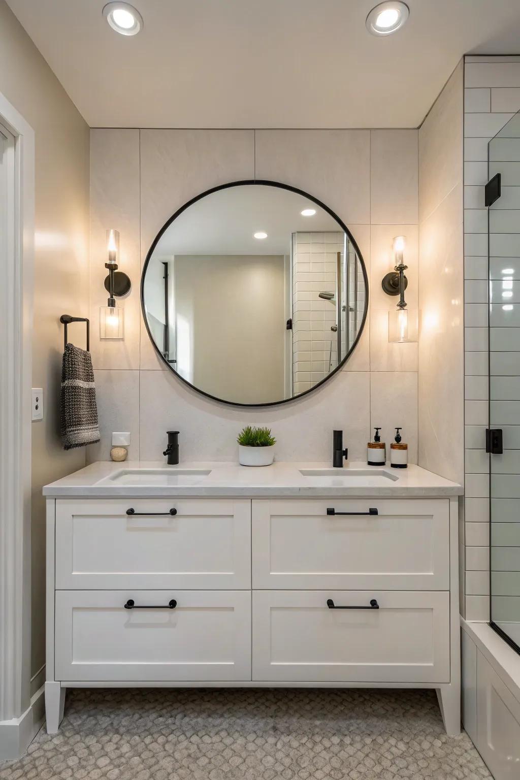 A pair of wall lights on either side of a mirror offers balanced lighting.