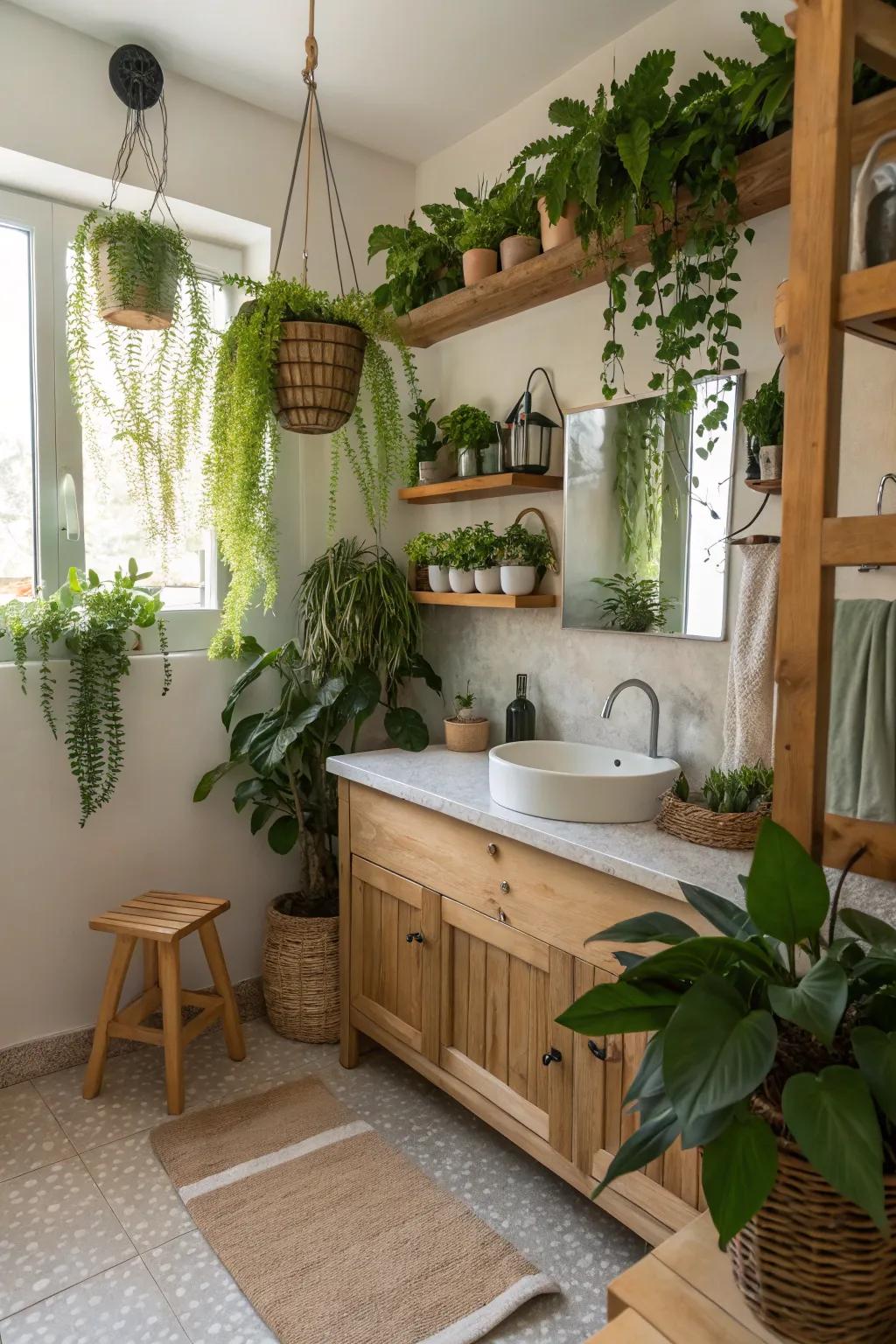 Reveal a peaceful nature-inspired bathroom with abundant greenery.