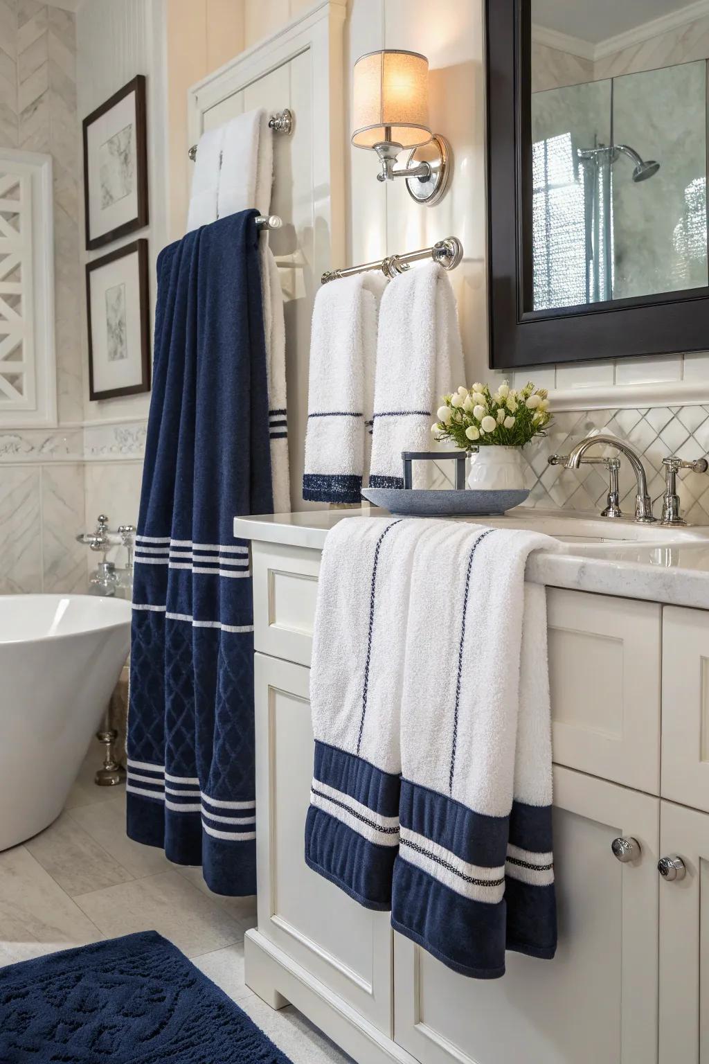 Indigo and alabaster towels impart a timeless sophistication to any bathroom.