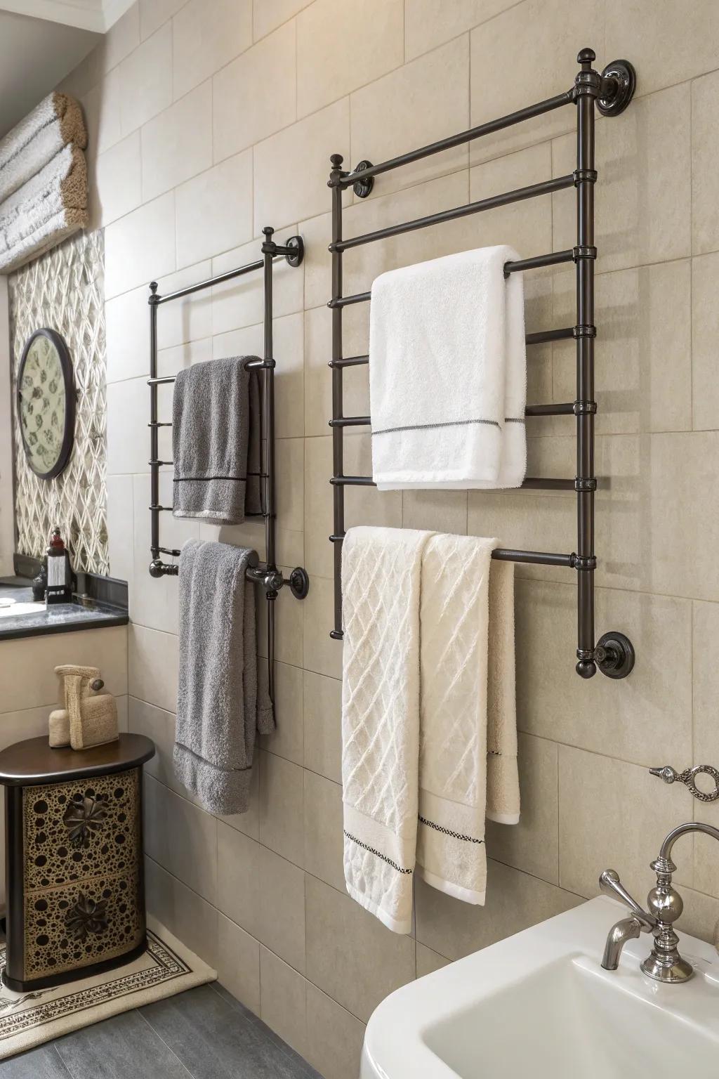 Wall-mounted racks ensure towels are always within reach and the space looks neat.