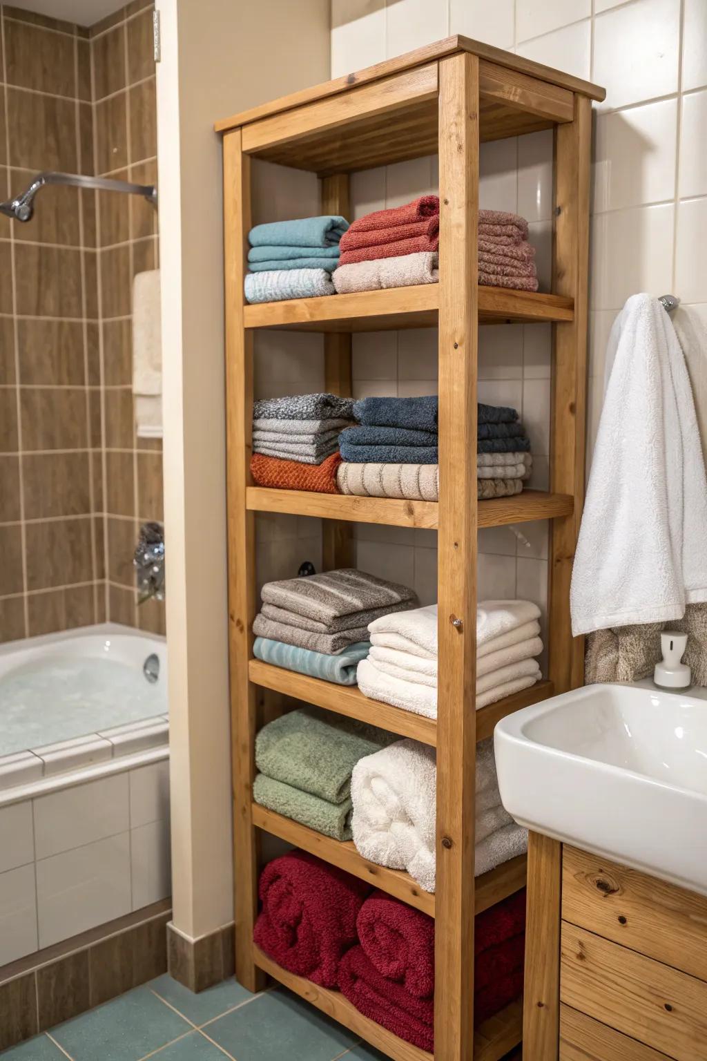Open shelves convert towels into a decorative display feature in your bathroom.