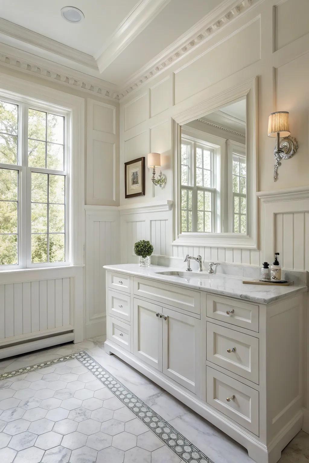 Classic paneling lends charm and dimension to any bath space.
