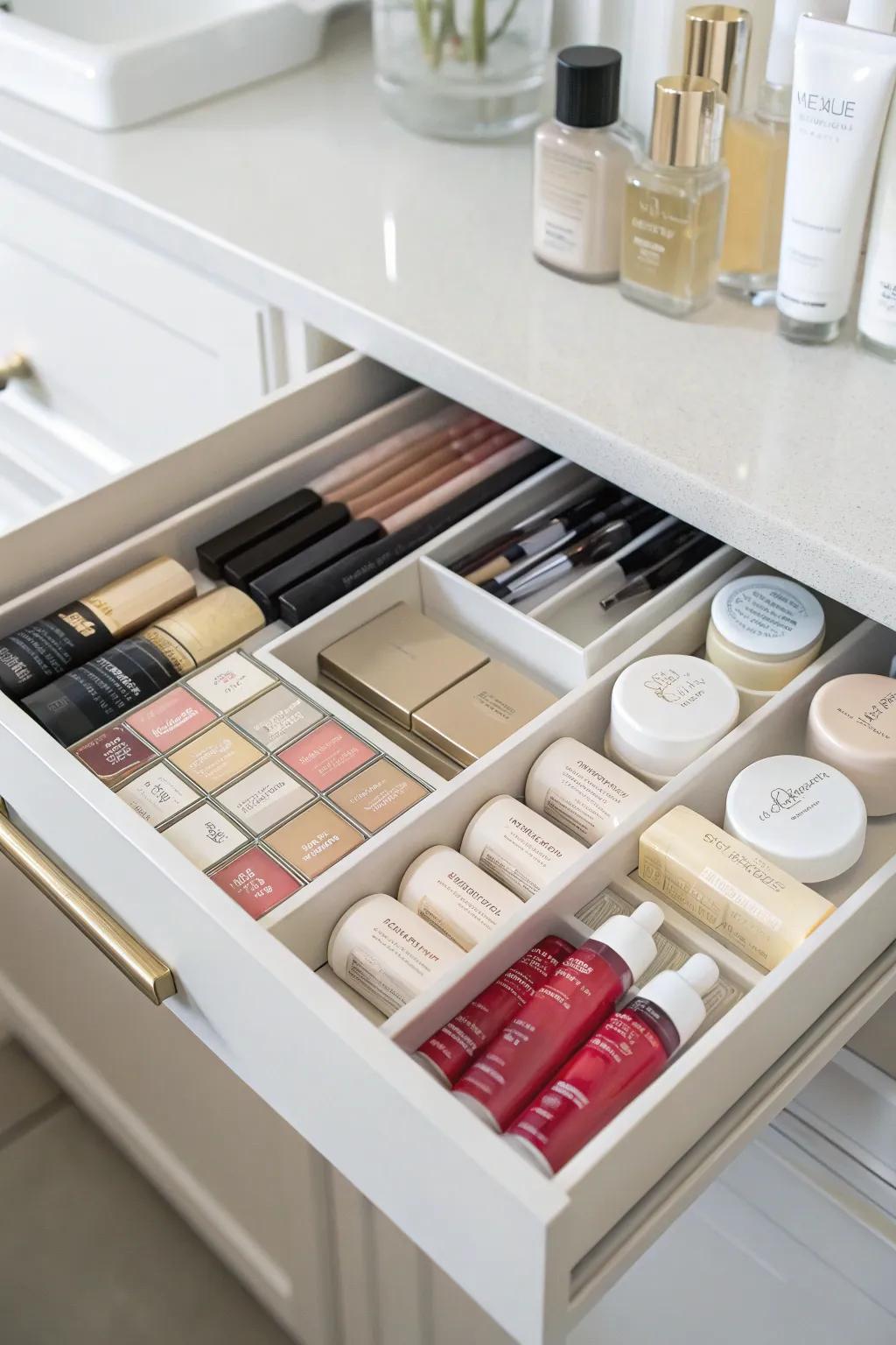 Cosmetics carefully organized in a sectioned drawer.