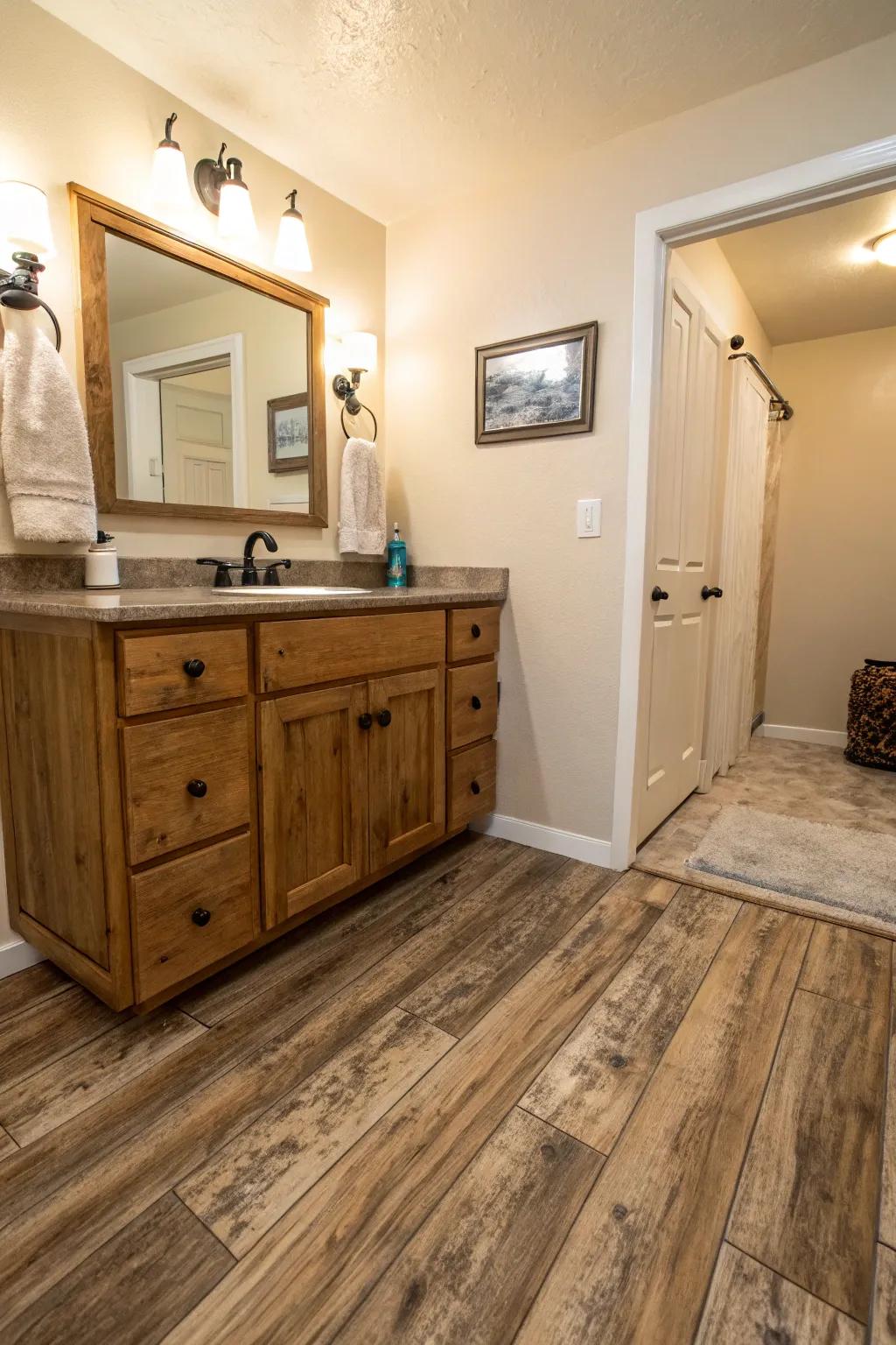 The <strong><em>plastic-based floors</em></strong> which resemble rustic wood provides a comfy atmosphere to this restroom.” loading=”lazy” class=”pimg”>
	</picture><figcaption>The <strong><em>plastic-based floors</em></strong> which resemble rustic wood provides a comfy atmosphere to this restroom.</figcaption></figure>
<p>Think about walking into a bathroom that reminds you of a comfy cabin getaway. <strong><em>Plastic-based floors</em></strong> that look like natural wood can bring that cozy, down-to-earth vibe right under your feet.</p>
<h3>Try these:</h3>
<ul class=
