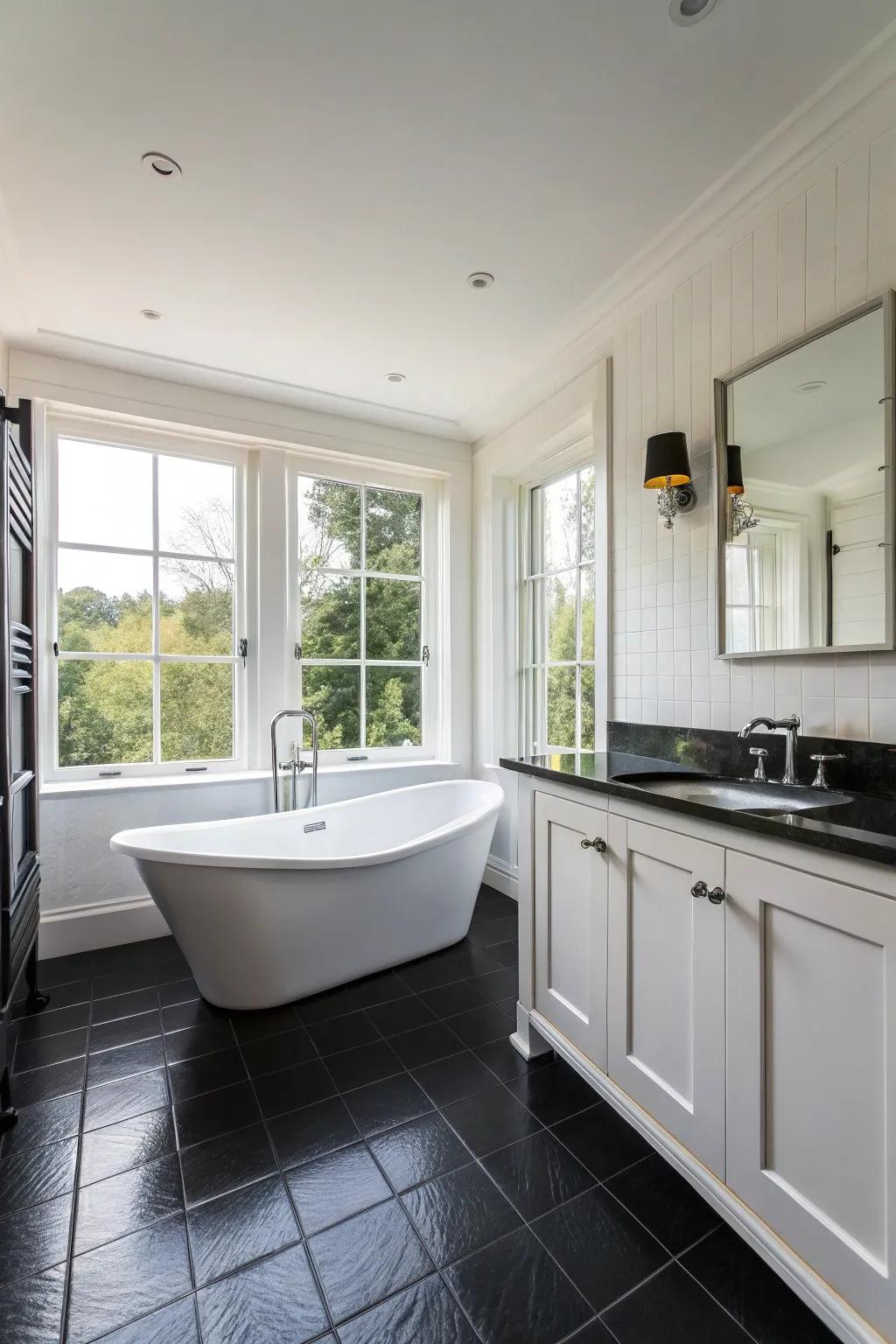 The ideal balance of dark and bright results in an impressive contrast in this bathroom.