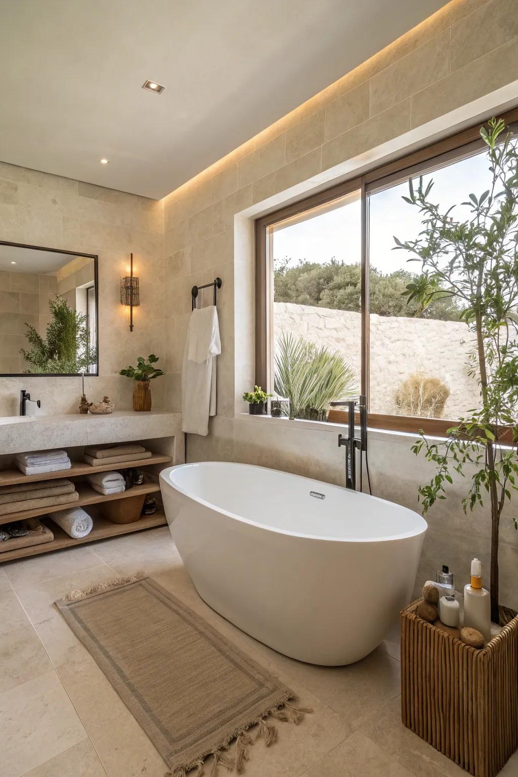 A modern minimalist bathroom featuring a streamlined standalone tub.