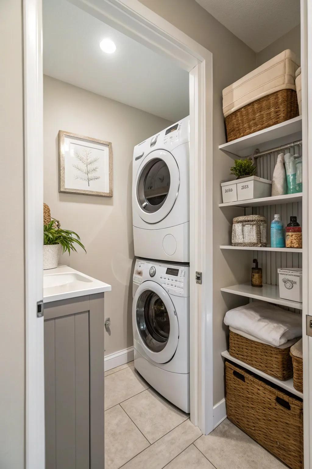 Using vertical space by stacking the washer and dryer to save room and maintain a contemporary appearance.
