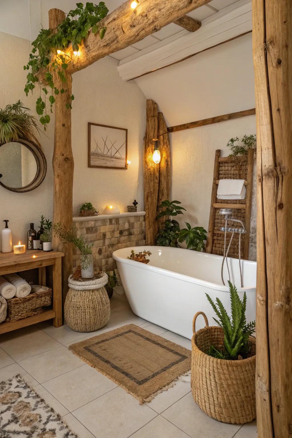 Capture rustic charm with a wooden frame gracing your bathtub.