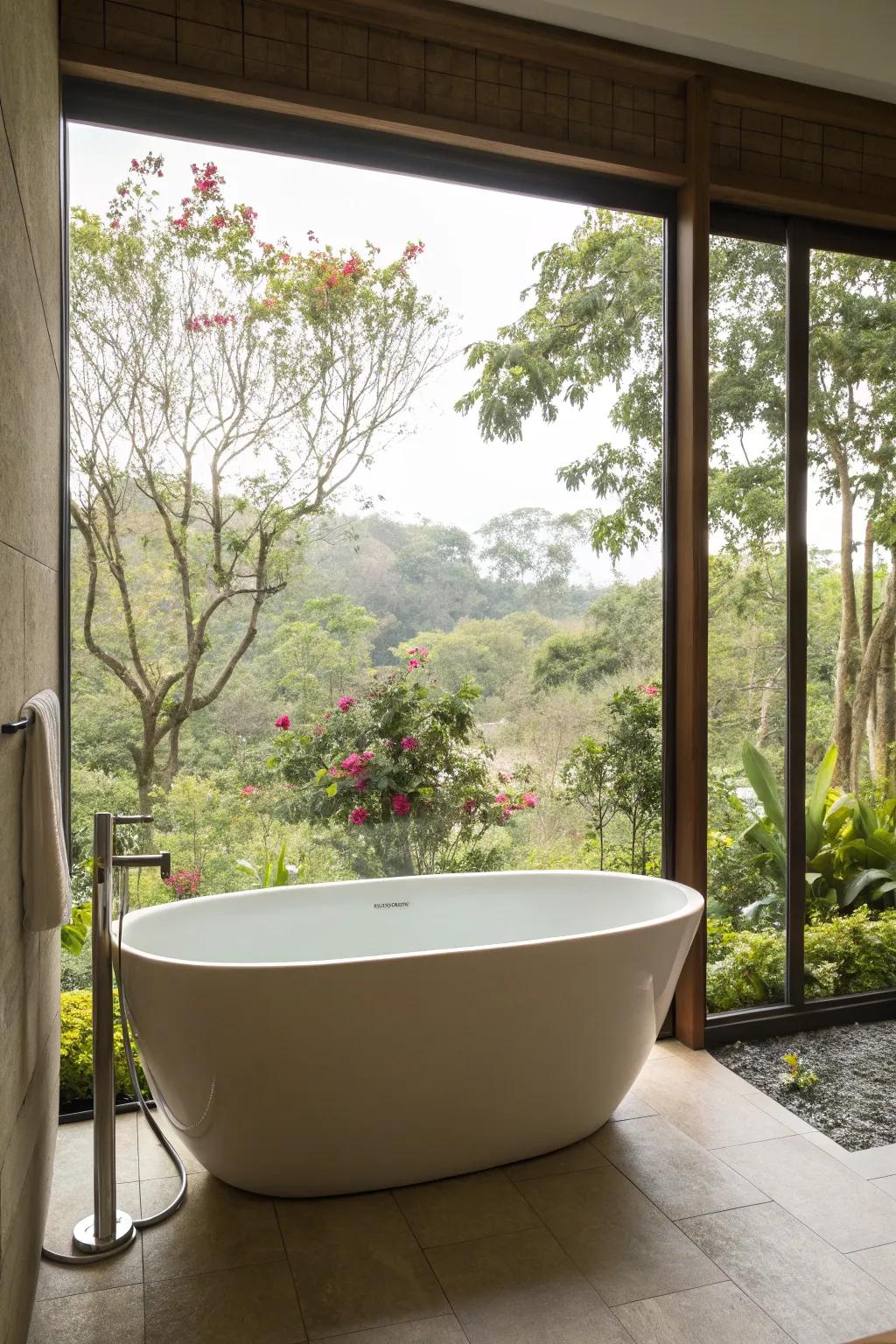 A standalone tub set against a peaceful garden vista.