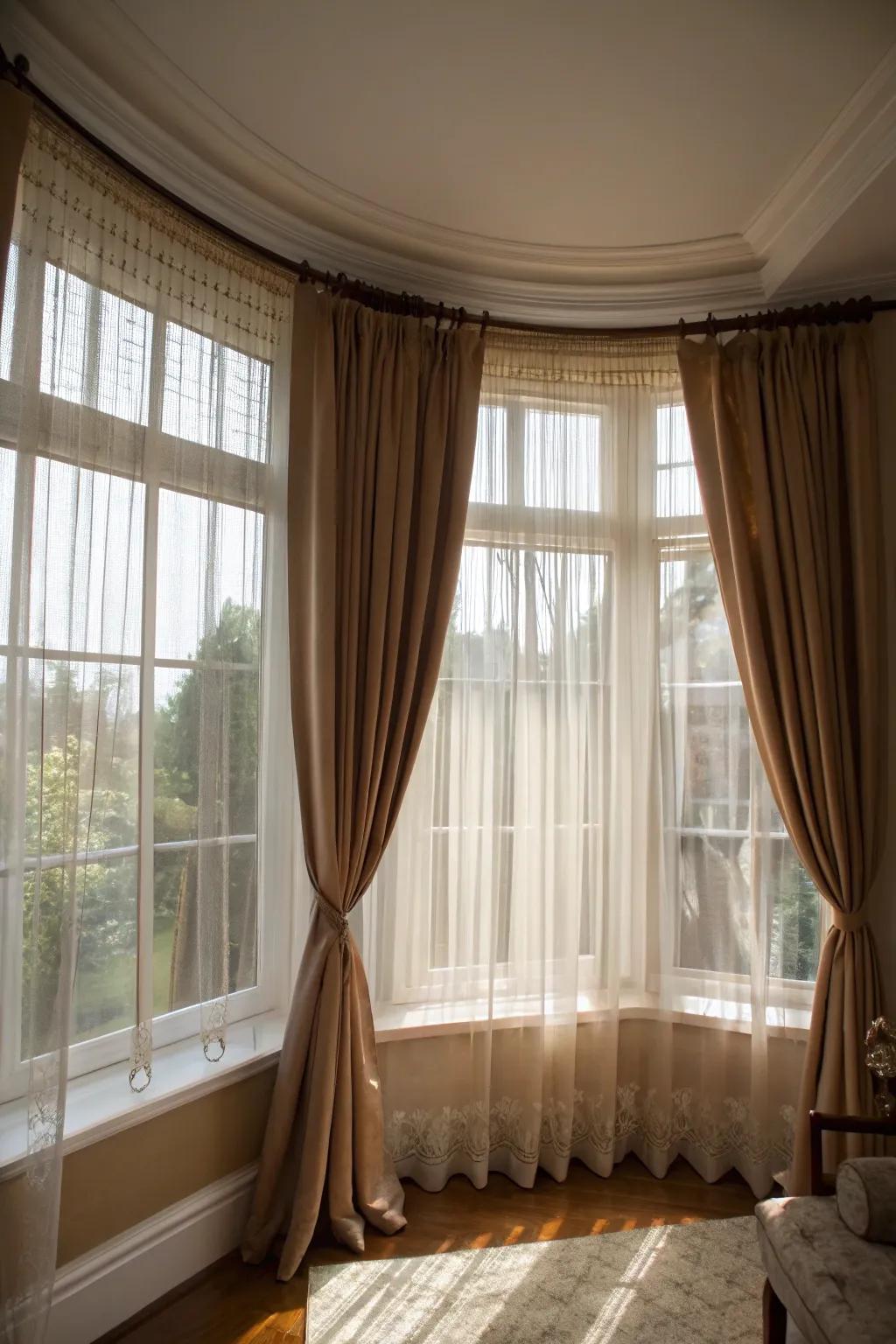 Layered curtains provide flexibility and flair for your bay windows.