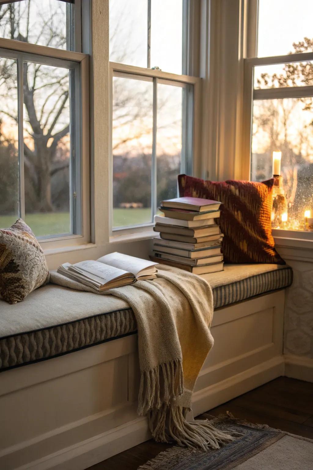 A cozy reading nook by the bay window is a haven for book enthusiasts.