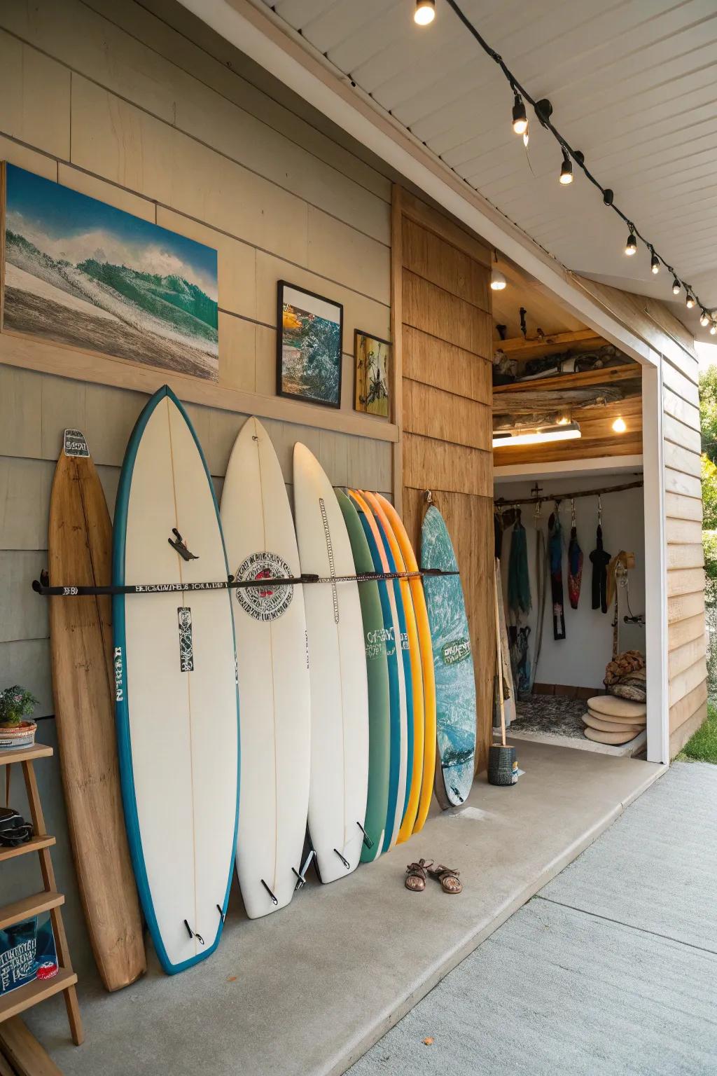 Integrate your wave riders into the overall decor by means of a fashionable storage wall.