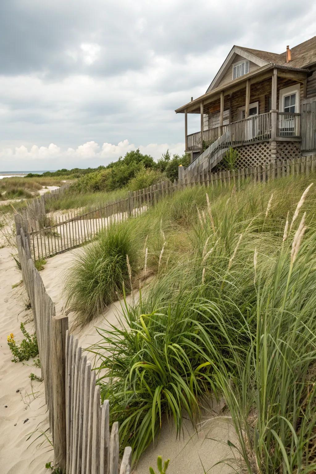 Regional coastal plants flourishing beautifully in a seaside home garden.
