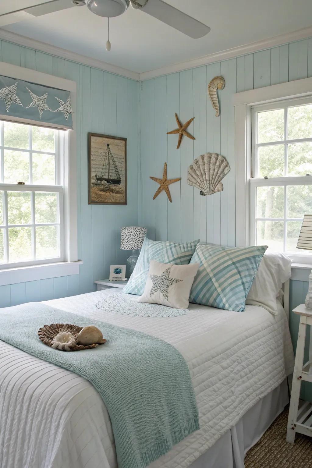 A calming blend of blues and whites sets a tranquil coastal mood.