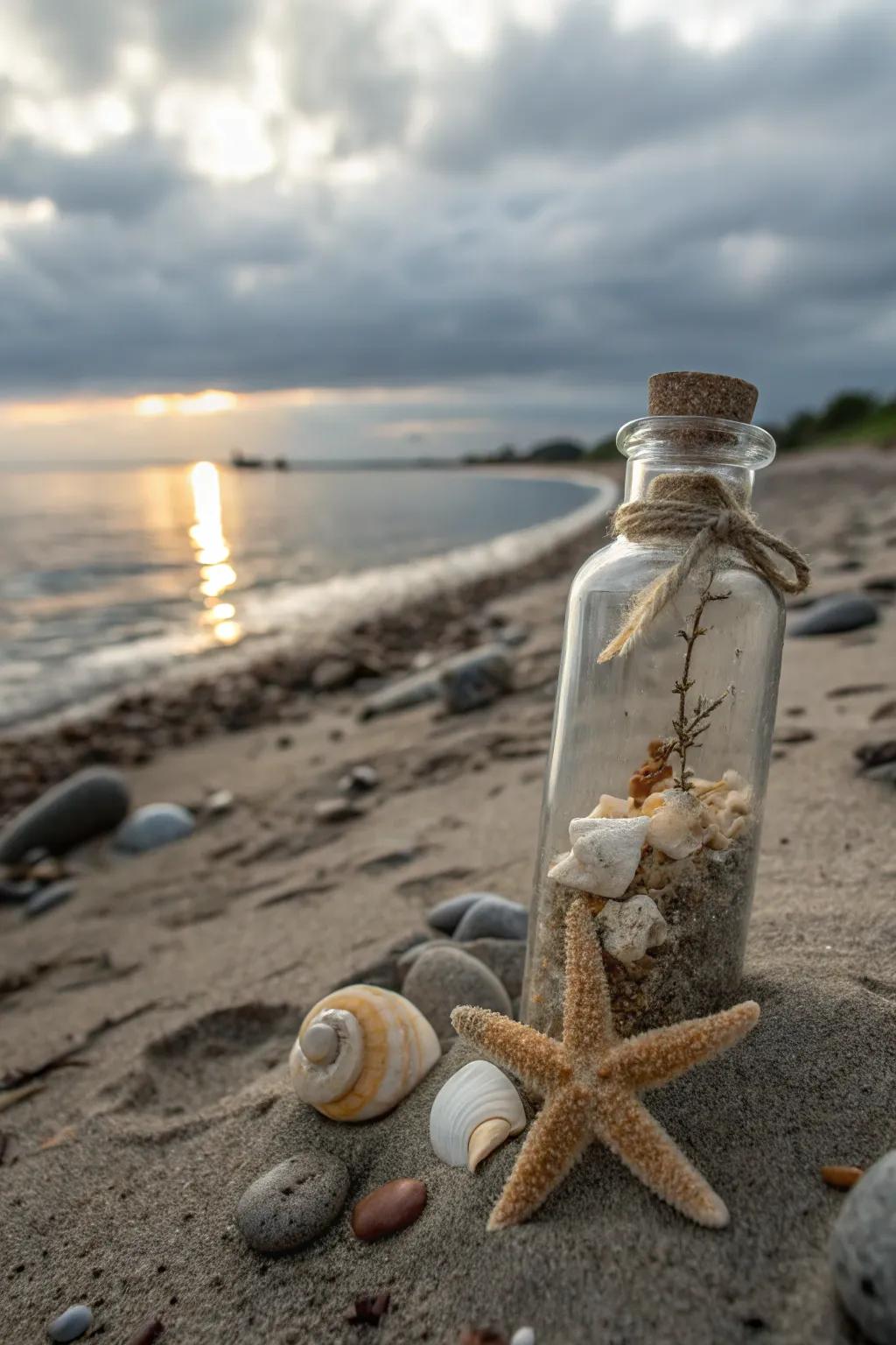 Little glass bottles filled with coastal trinkets are lovely reminders.