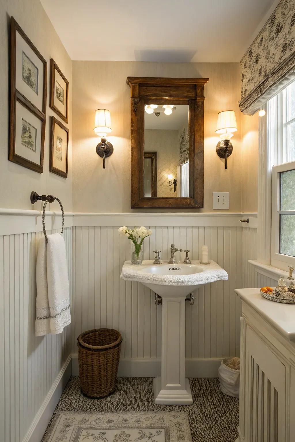 An inviting washroom featuring beadboard half-walls and a vintage mirror.