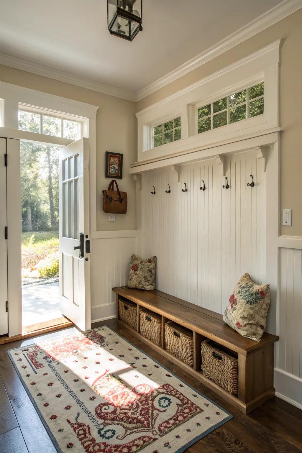 Grooved paneling helps make foyers welcoming.