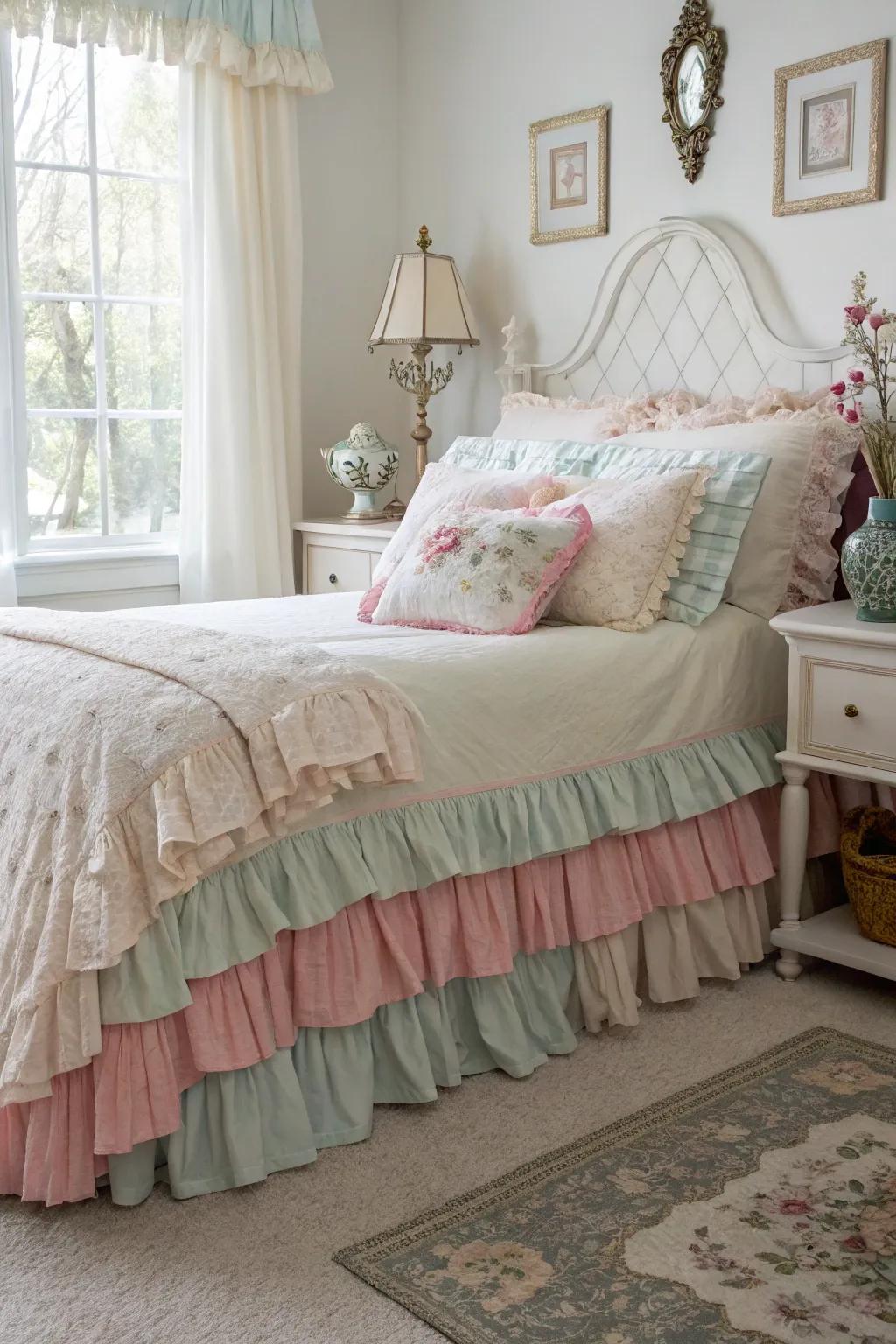 The ruffled bed skirt brings a romantic and inviting feel to the space.