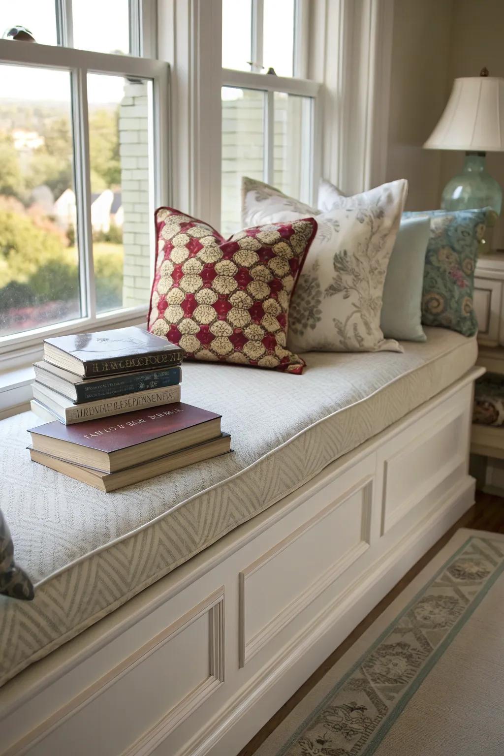 Create a relaxing reading corner with a cushioned bench and lots of sunlight.