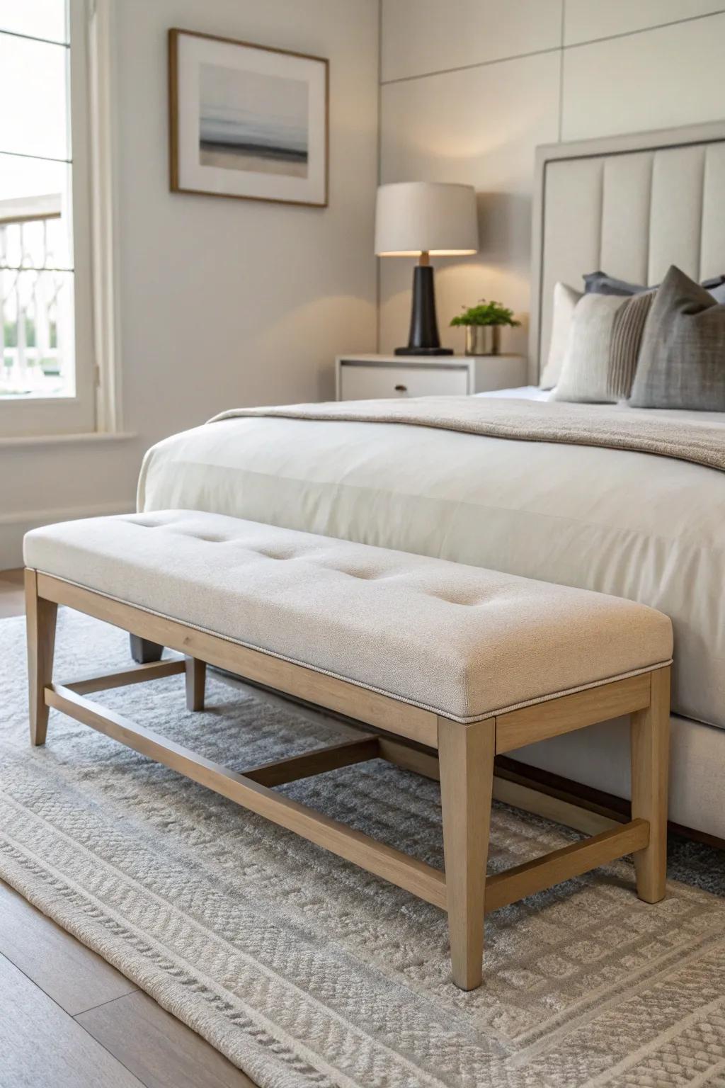 Modern simplicity achieved with a minimalist bench, creating a clutter-free environment.