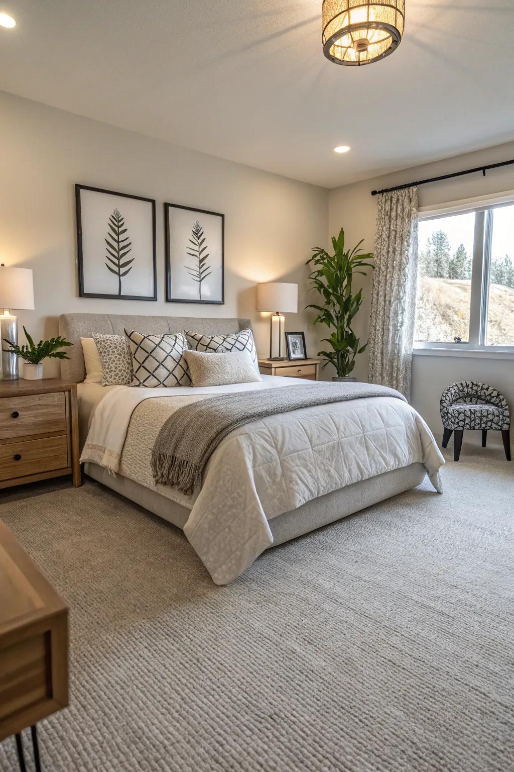 Neutral tones create a calm and inviting bedroom atmosphere.