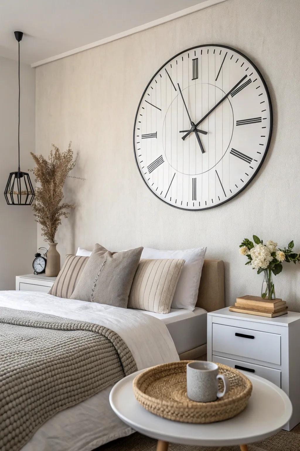 A minimalist clock introduces a touch of contemporary grace to any bedroom setting.